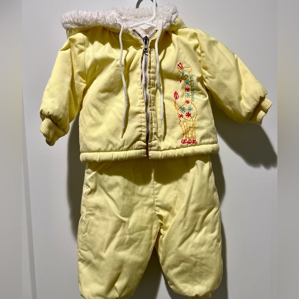 Vintage yellow two-piece baby snowsuit by Playland featuring embroidered giraffe